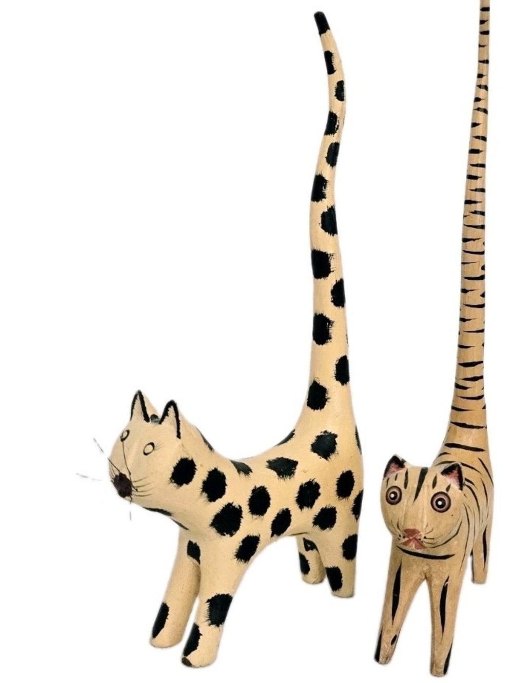 Pair Long Tail Cat Figurines Wooden Folkart Ring Holders Cat Lover